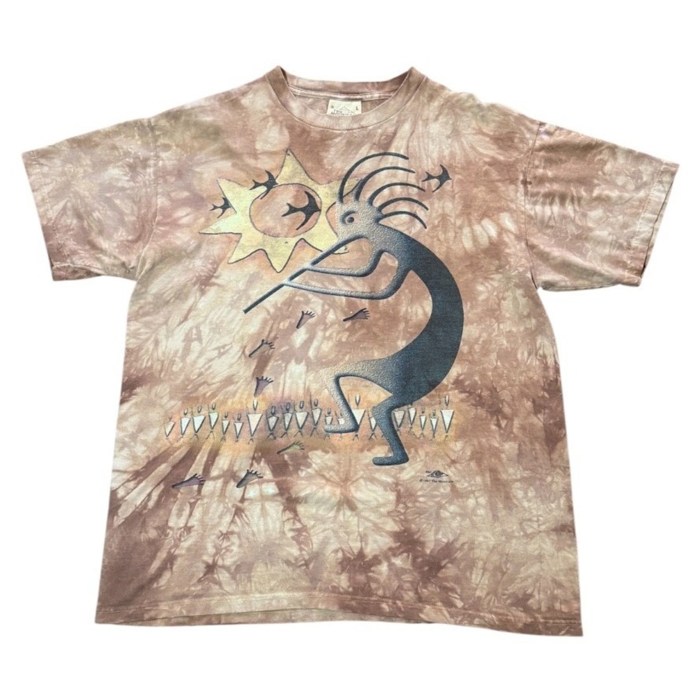 Vintage 90s The Mountain Kokopelli Sun Native Art Brown Tie Dye Art T-shirt